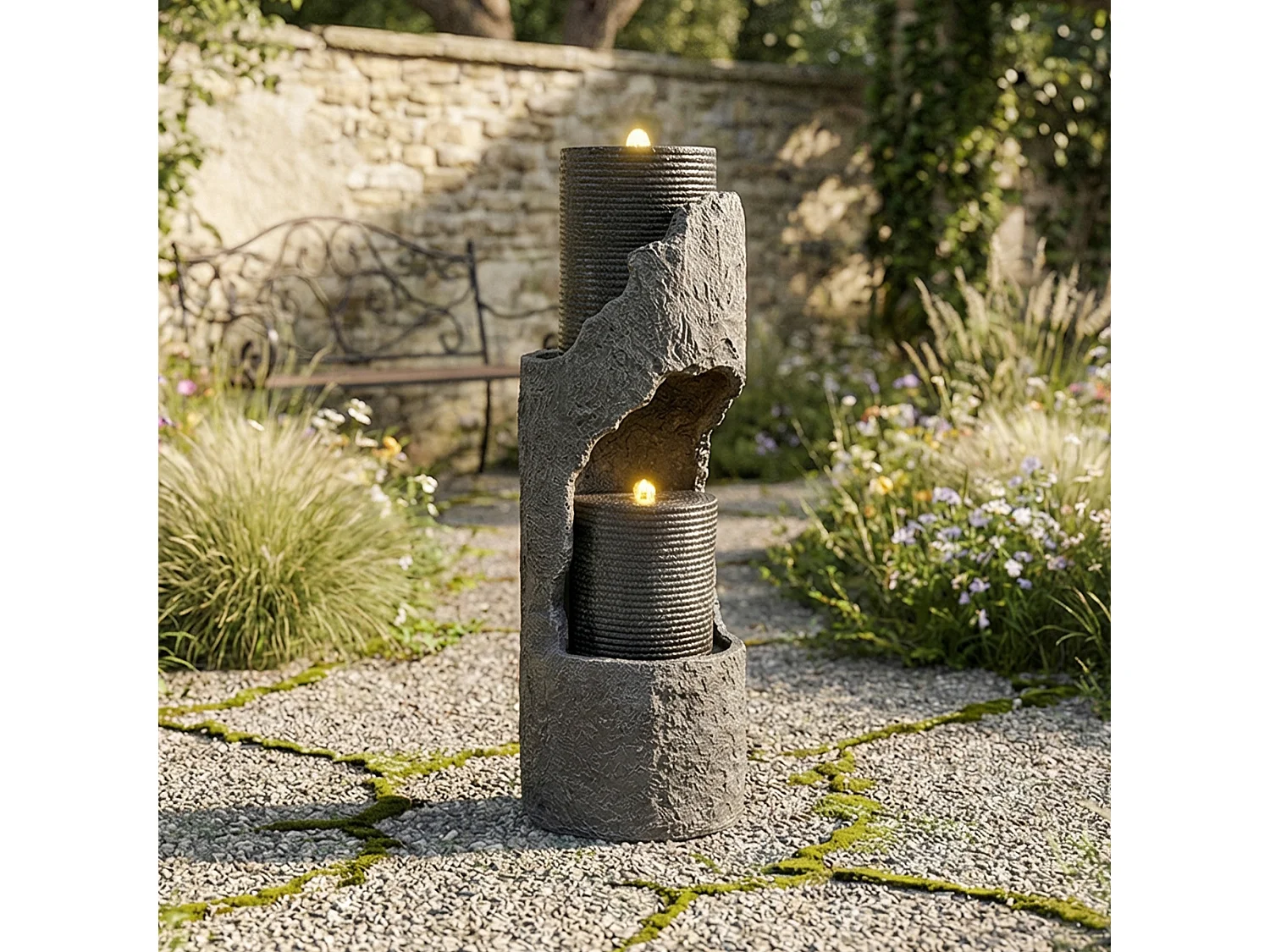 Tuinfontein voor tuin en terras - 34,5 x 34,5 x 100,5 cm - met LED's + waterpomp - Kunsthars - grijs
