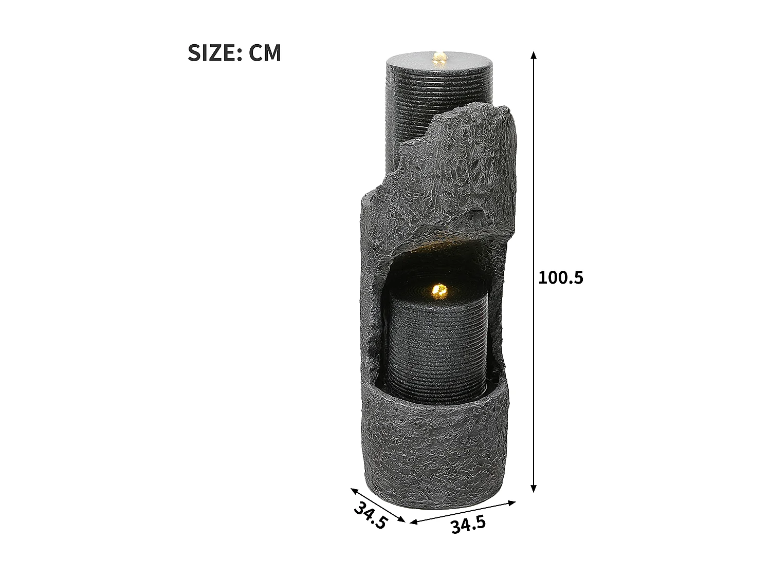 Tuinfontein voor tuin en terras - 34,5 x 34,5 x 100,5 cm - met LED's + waterpomp - Kunsthars - grijs