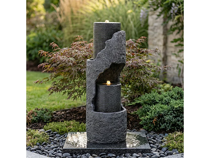 Tuinfontein voor tuin en terras - 34,5 x 34,5 x 100,5 cm - met LED's + waterpomp - Kunsthars - grijs
