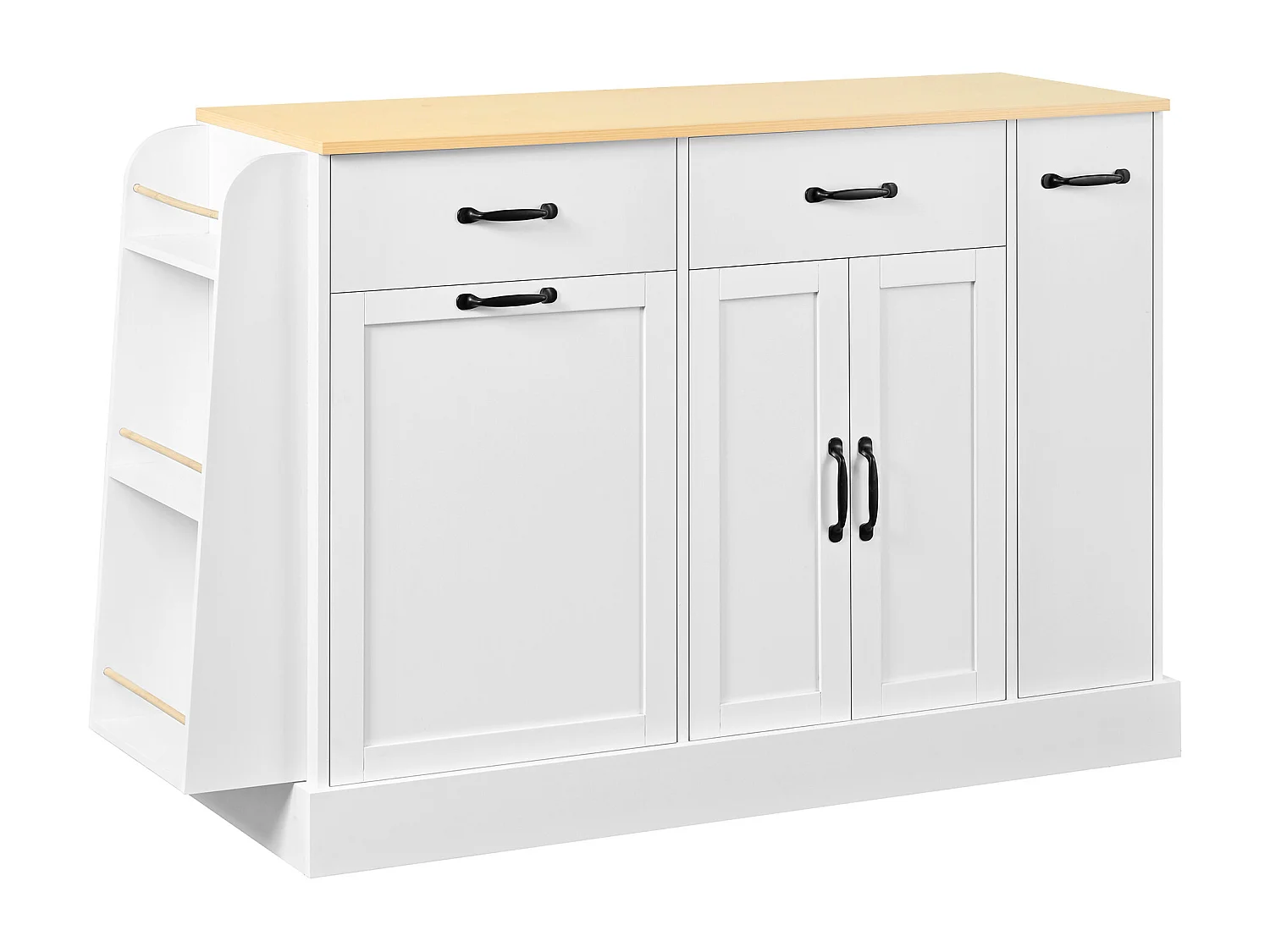 Nowoczesna komoda kuchenna - 133,5 x 40 x 86 cm - z zewnętrzną półką na przyprawy + drzwi + szuflady - MDF - biała