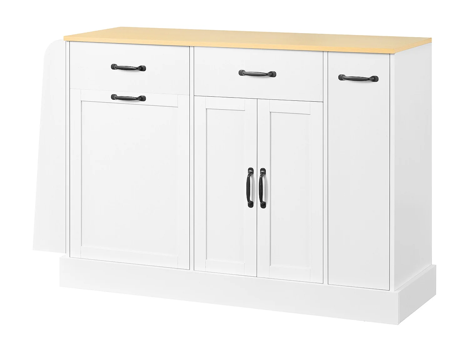 Nowoczesna komoda kuchenna - 133,5 x 40 x 86 cm - z zewnętrzną półką na przyprawy + drzwi + szuflady - MDF - biała