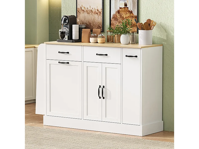 Nowoczesna komoda kuchenna - 133,5 x 40 x 86 cm - z zewnętrzną półką na przyprawy + drzwi + szuflady - MDF - biała