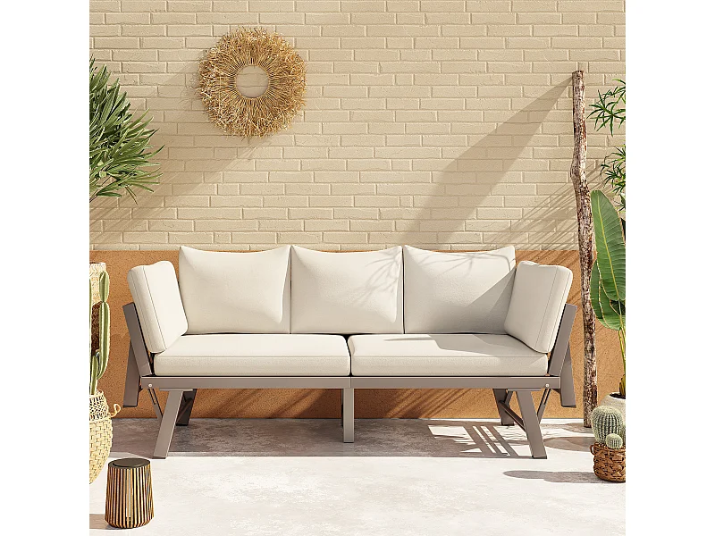 Sofa ogrodowa 3-osobowa rozkładana - 213 x 60,5 x 66 cm - z poduszkami i składanymi podłokietnikami - metalowa - beżowa