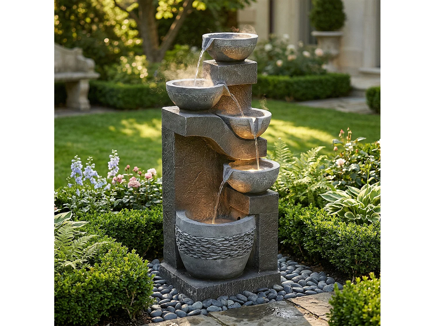 Tuinfontein voor tuin en terras - 33,5 x 30,5 x 77,5 cm - met LED's + waterpomp - Kunsthars - grijs
