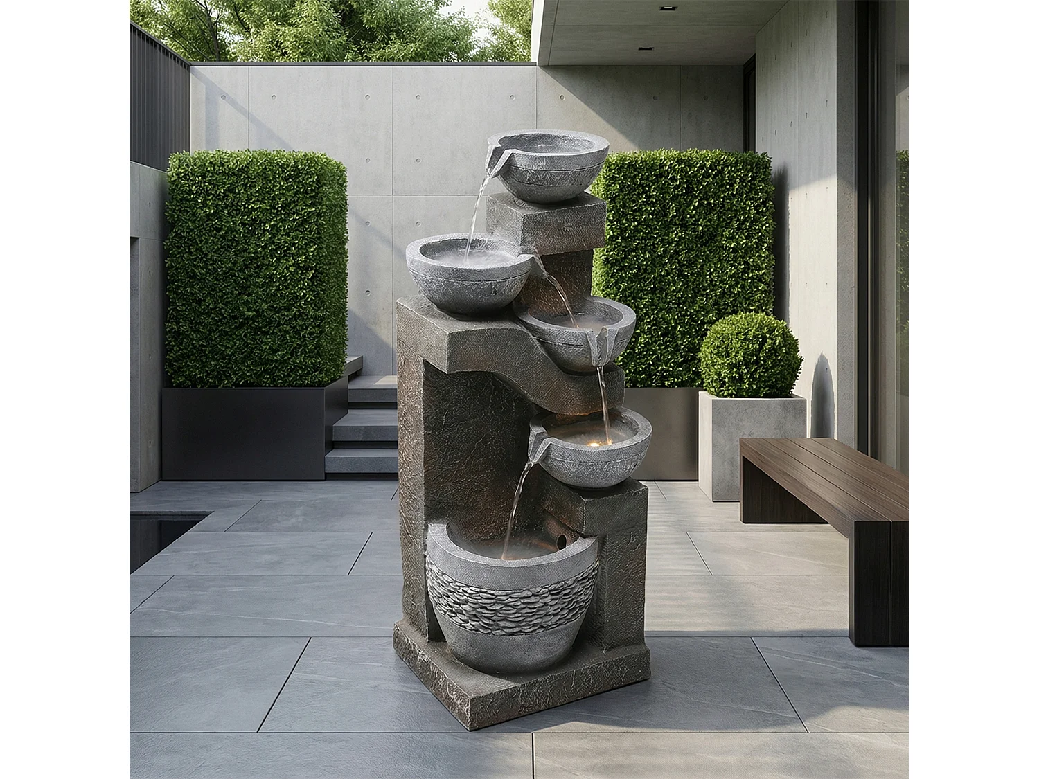 Tuinfontein voor tuin en terras - 33,5 x 30,5 x 77,5 cm - met LED's + waterpomp - Kunsthars - grijs