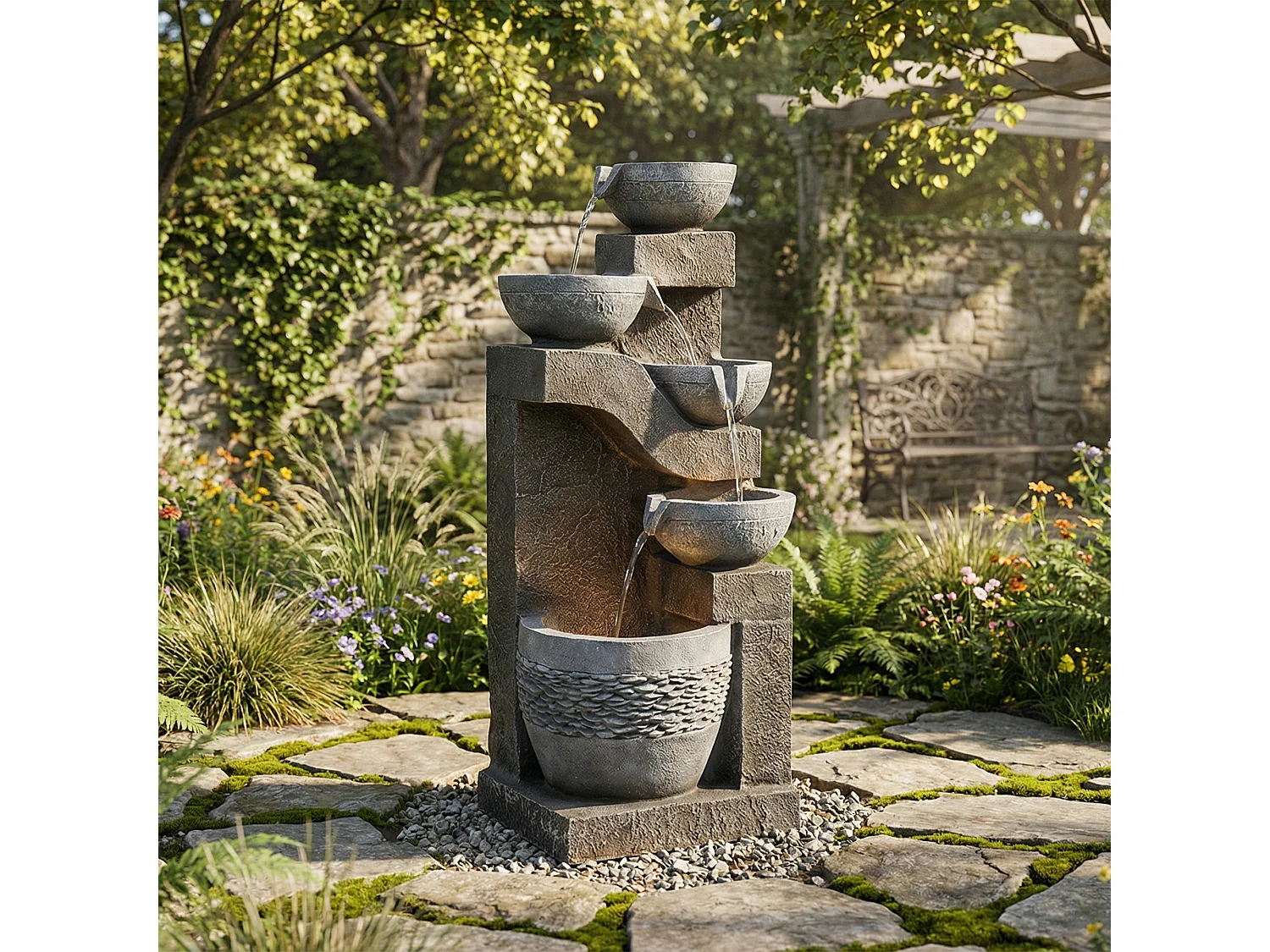 Tuinfontein voor tuin en terras - 33,5 x 30,5 x 77,5 cm - met LED's + waterpomp - Kunsthars - grijs