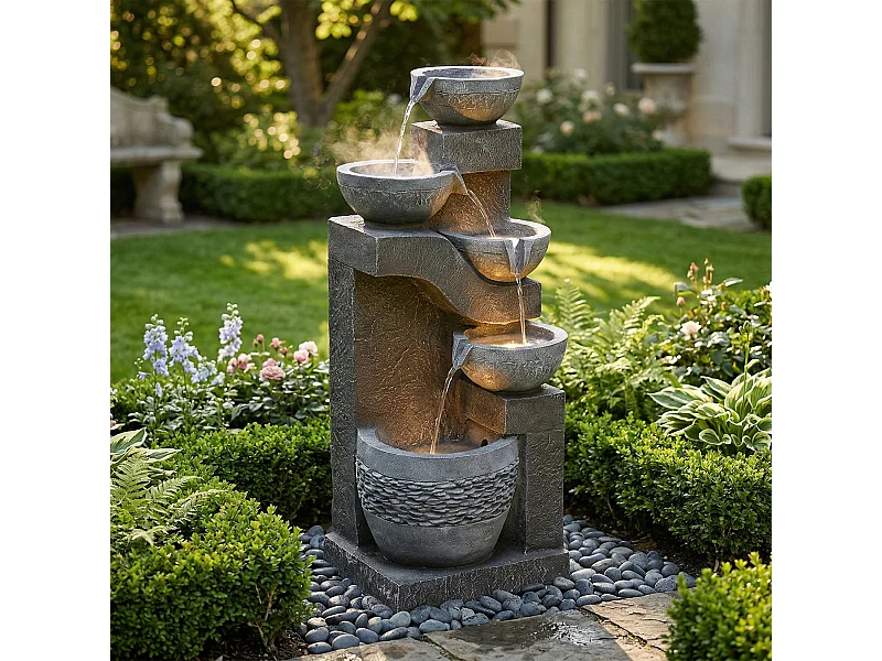 Tuinfontein voor tuin en terras - 33,5 x 30,5 x 77,5 cm - met LED's + waterpomp - Kunsthars - grijs