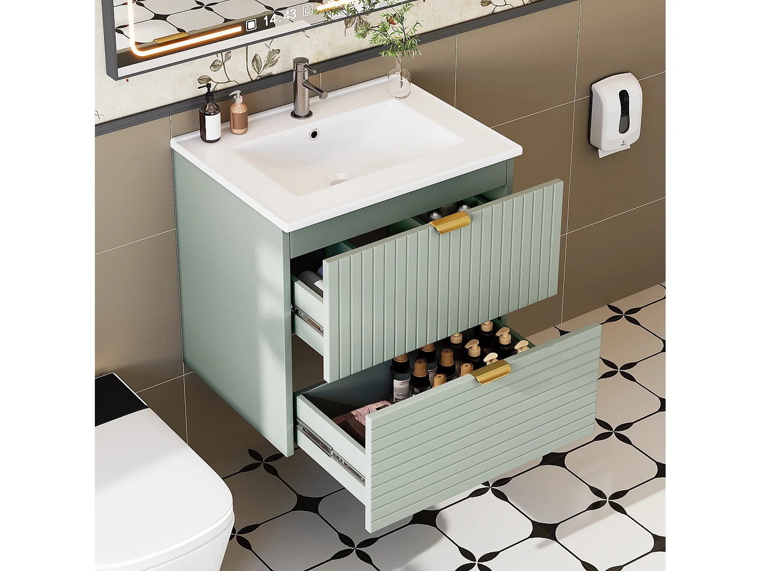 Meuble de salle de bain suspendu 61x46x57 cm - Vasque intégrée - 2 tiroirs - MDF entièrement peint - Vert menthe