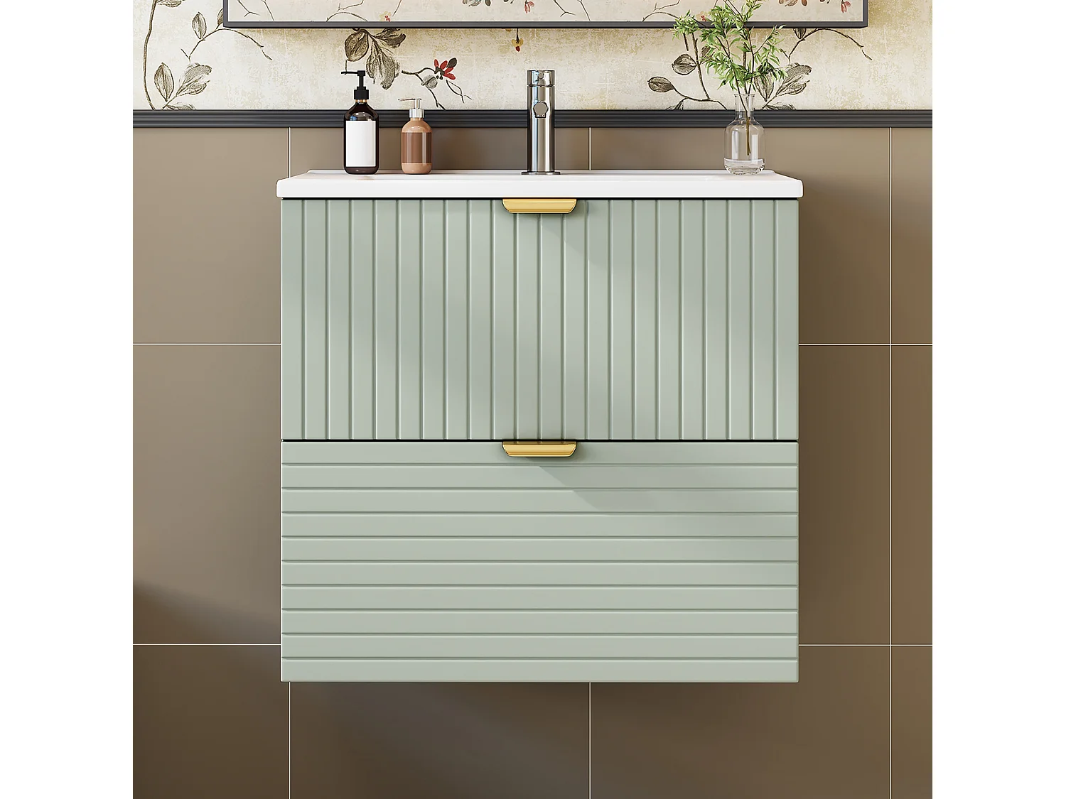 Meuble de salle de bain suspendu 61x46x57 cm - Vasque intégrée - 2 tiroirs - MDF entièrement peint - Vert menthe