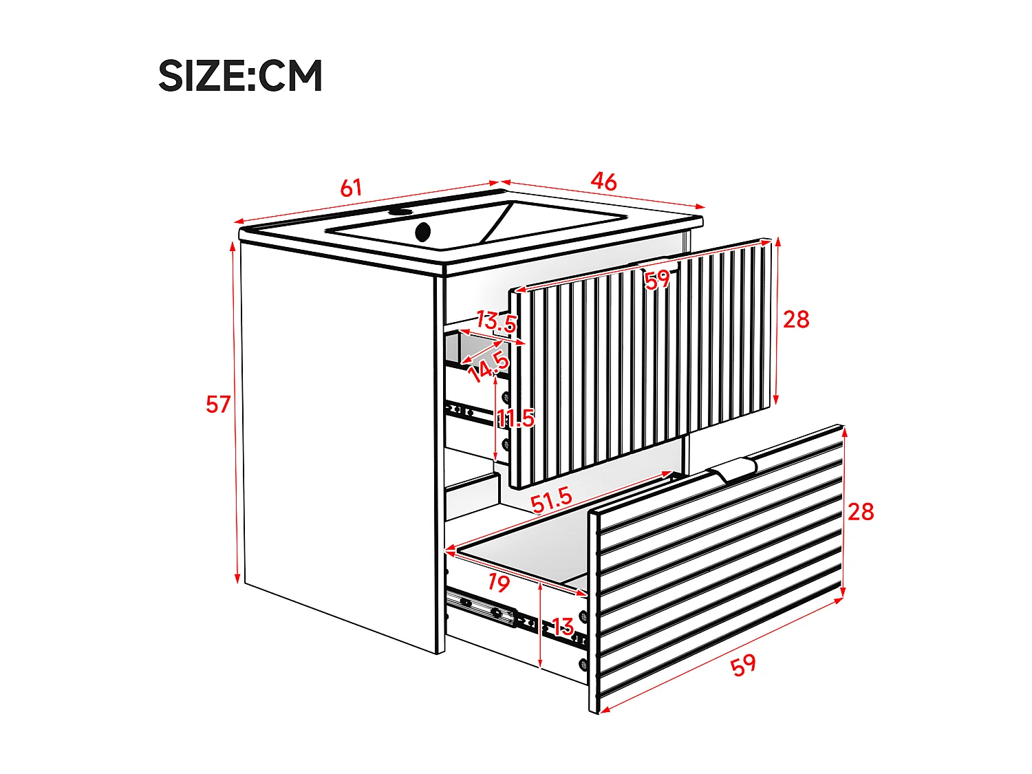 Meuble de salle de bain suspendu 61x46x57 cm - Vasque intégrée - 2 tiroirs - MDF entièrement peint - Vert menthe