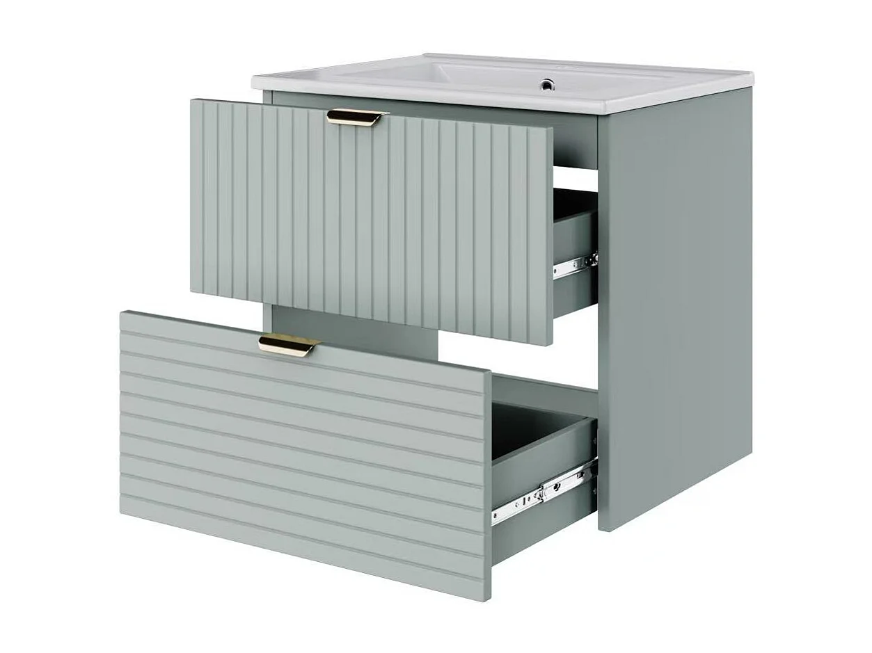 Meuble de salle de bain suspendu 61x46x57 cm - Vasque intégrée - 2 tiroirs - MDF entièrement peint - Vert menthe