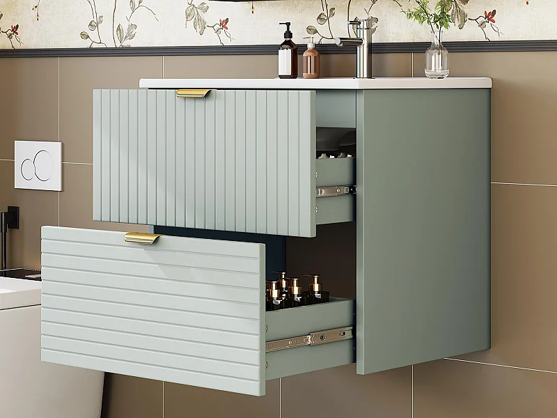 Meuble de salle de bain suspendu 61x46x57 cm - Vasque intégrée - 2 tiroirs - MDF entièrement peint - Vert menthe