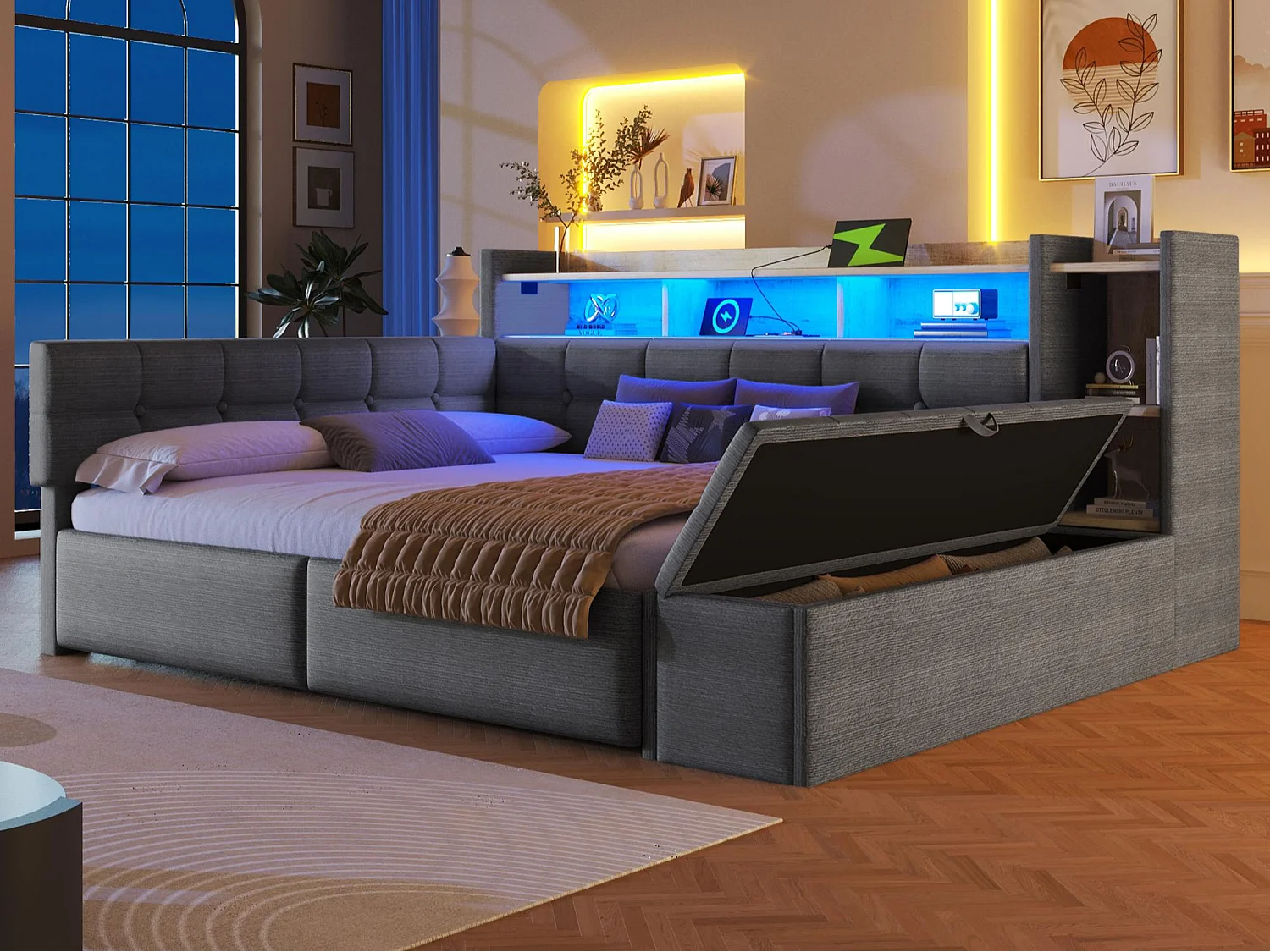 Divano letto 140x190 cm - con 2 cassetti - interfaccia USB + Type-C - con scomparti di riporre - con luce LED - Grigio scuro​ (materasso non incluso)