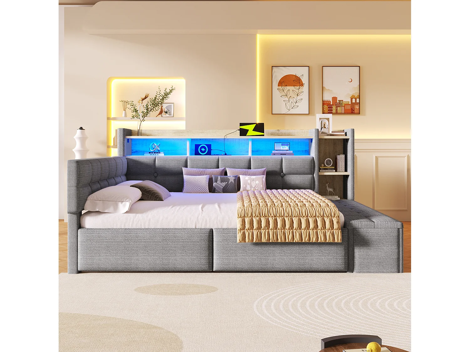 Divano letto 140x190 cm - con 2 cassetti - interfaccia USB + Type-C - con scomparti di riporre - con luce LED - Grigio scuro​ (materasso non incluso)