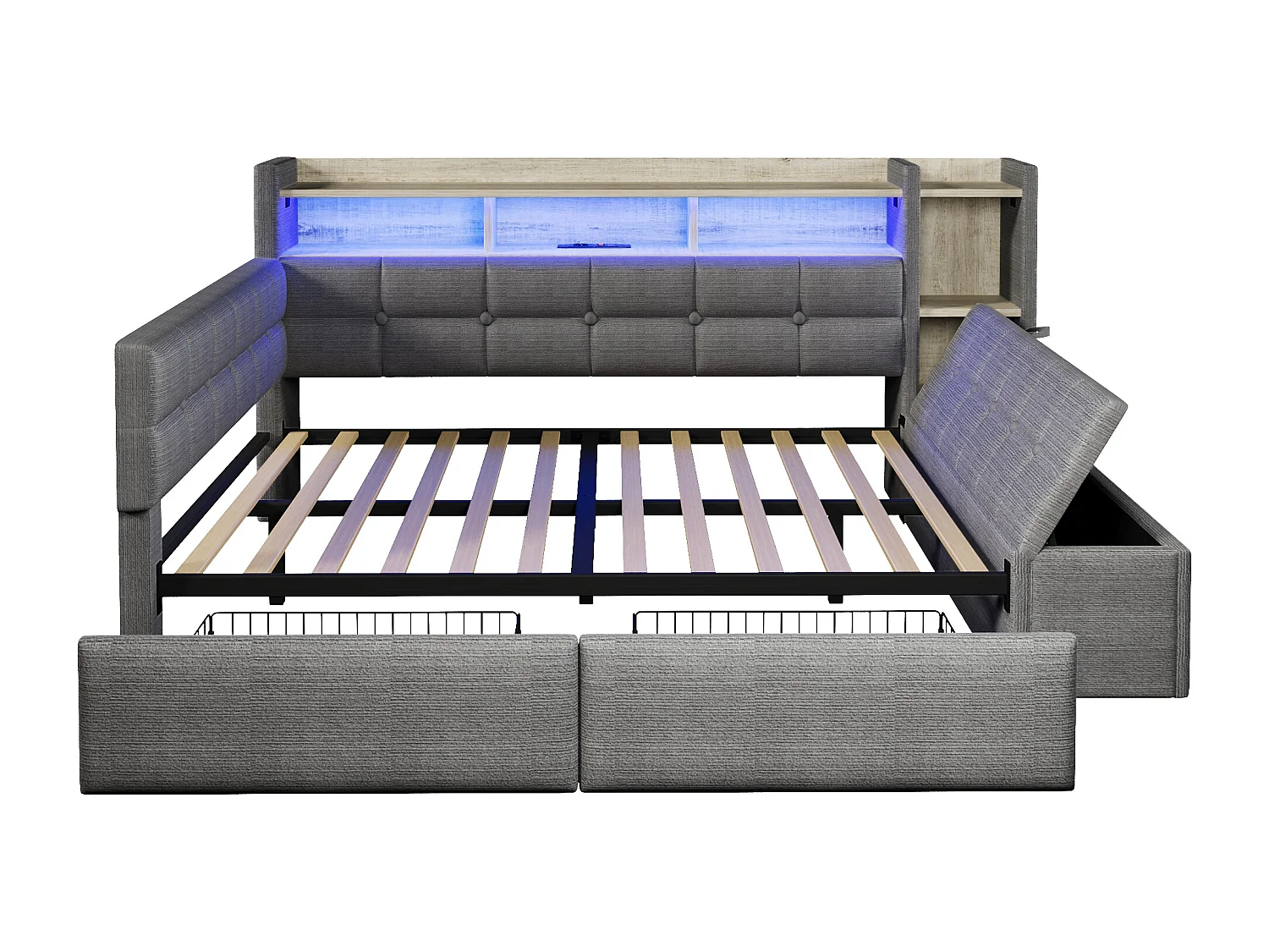 Divano letto 140x190 cm - con 2 cassetti - interfaccia USB + Type-C - con scomparti di riporre - con luce LED - Grigio scuro​ (materasso non incluso)