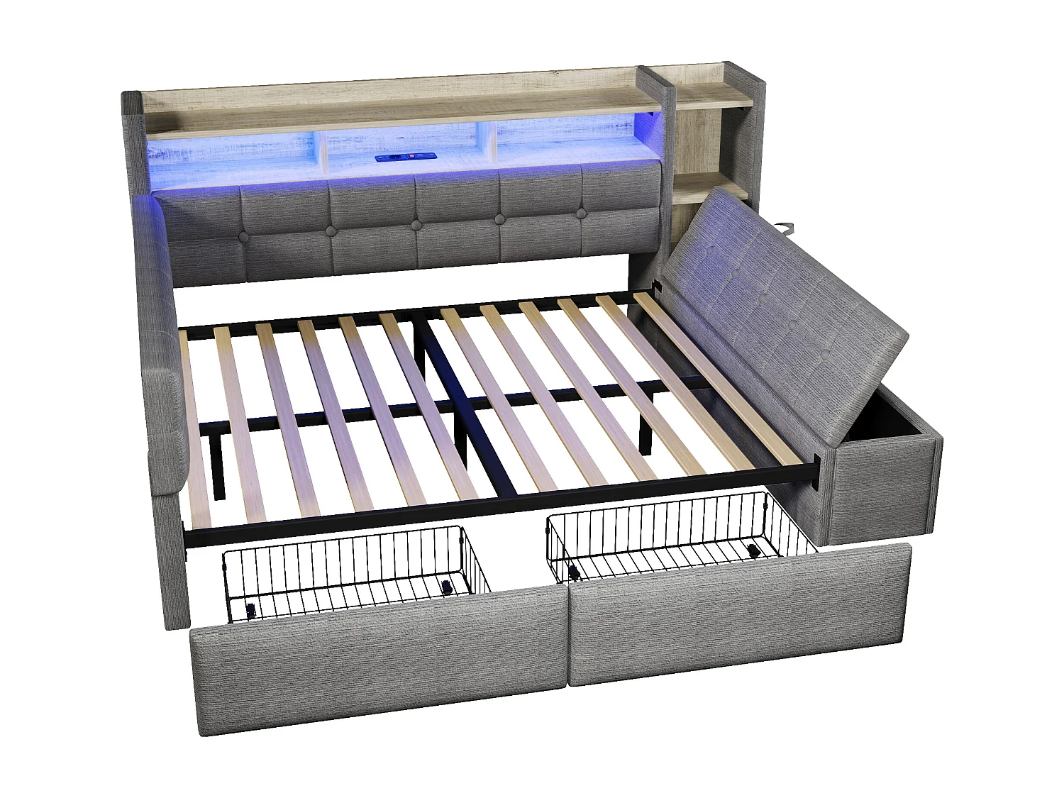 Divano letto 140x190 cm - con 2 cassetti - interfaccia USB + Type-C - con scomparti di riporre - con luce LED - Grigio scuro​ (materasso non incluso)