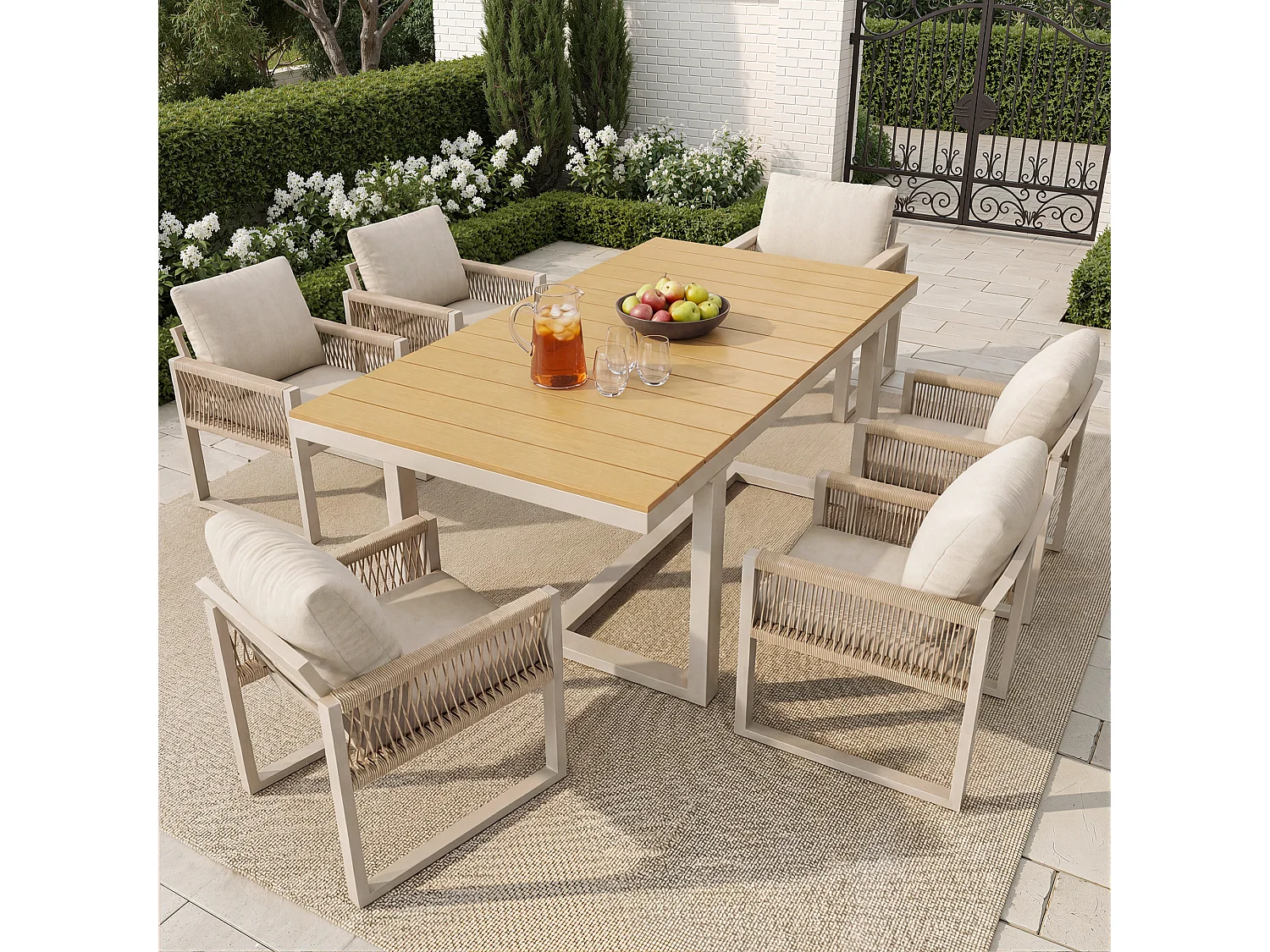 7-delige tuinset - 1 tafel en 6 stoelen - met touwvlechtwerk en kussens - Metaal - beige