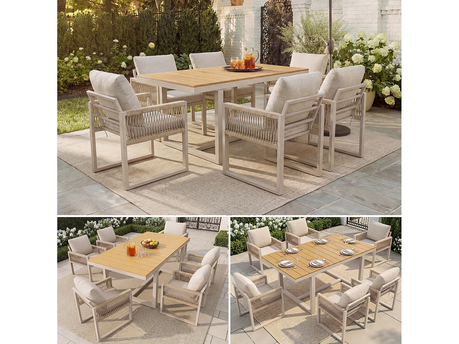 7-delige tuinset - 1 tafel en 6 stoelen - met touwvlechtwerk en kussens - Metaal - beige