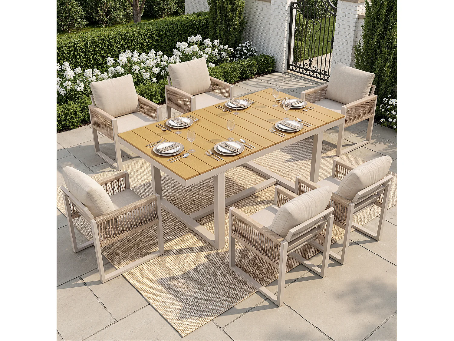 7-delige tuinset - 1 tafel en 6 stoelen - met touwvlechtwerk en kussens - Metaal - beige