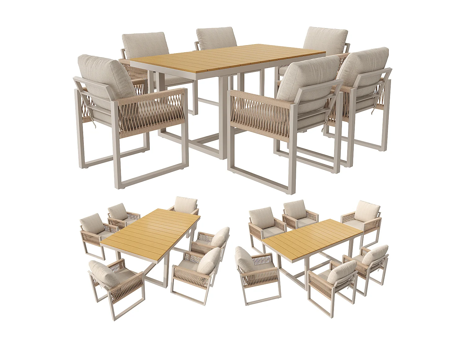 7-delige tuinset - 1 tafel en 6 stoelen - met touwvlechtwerk en kussens - Metaal - beige