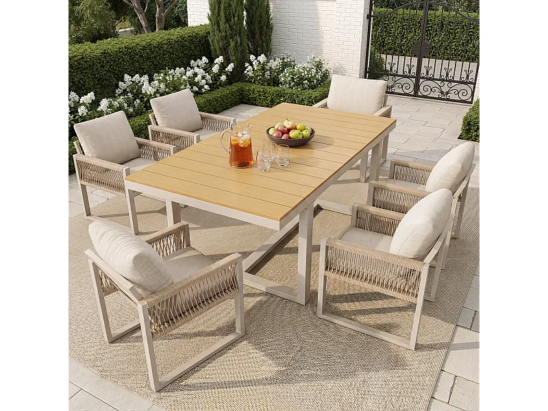 7-delige tuinset - 1 tafel en 6 stoelen - met touwvlechtwerk en kussens - Metaal - beige