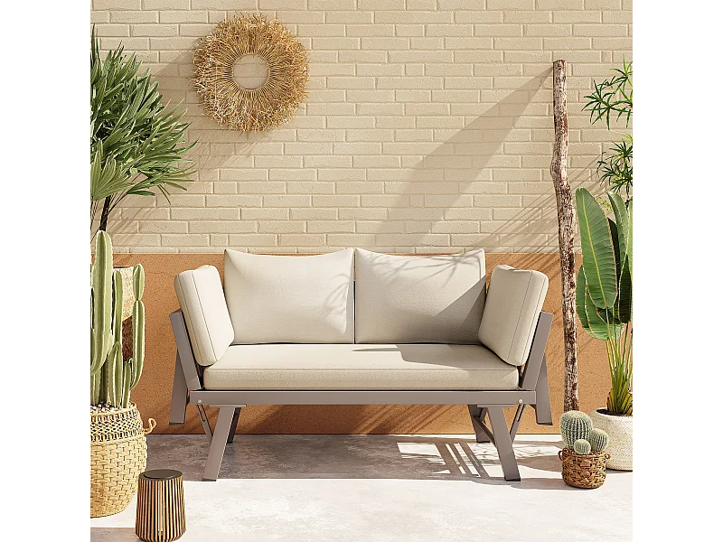 Sofa ogrodowa rozkładana 2-osobowa - 167 x 60,5 x 66 cm - z poduszkami i składanymi podłokietnikami - metalowa - beżowa