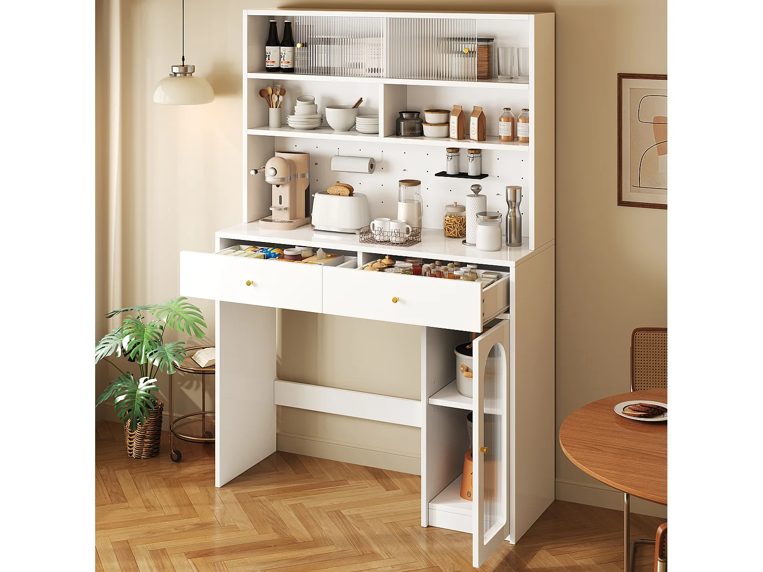 Meble kuchenne - zawiera blat roboczy - z 2 szufladami - regulowane półki i otwarte miejsce do przechowywania - biały