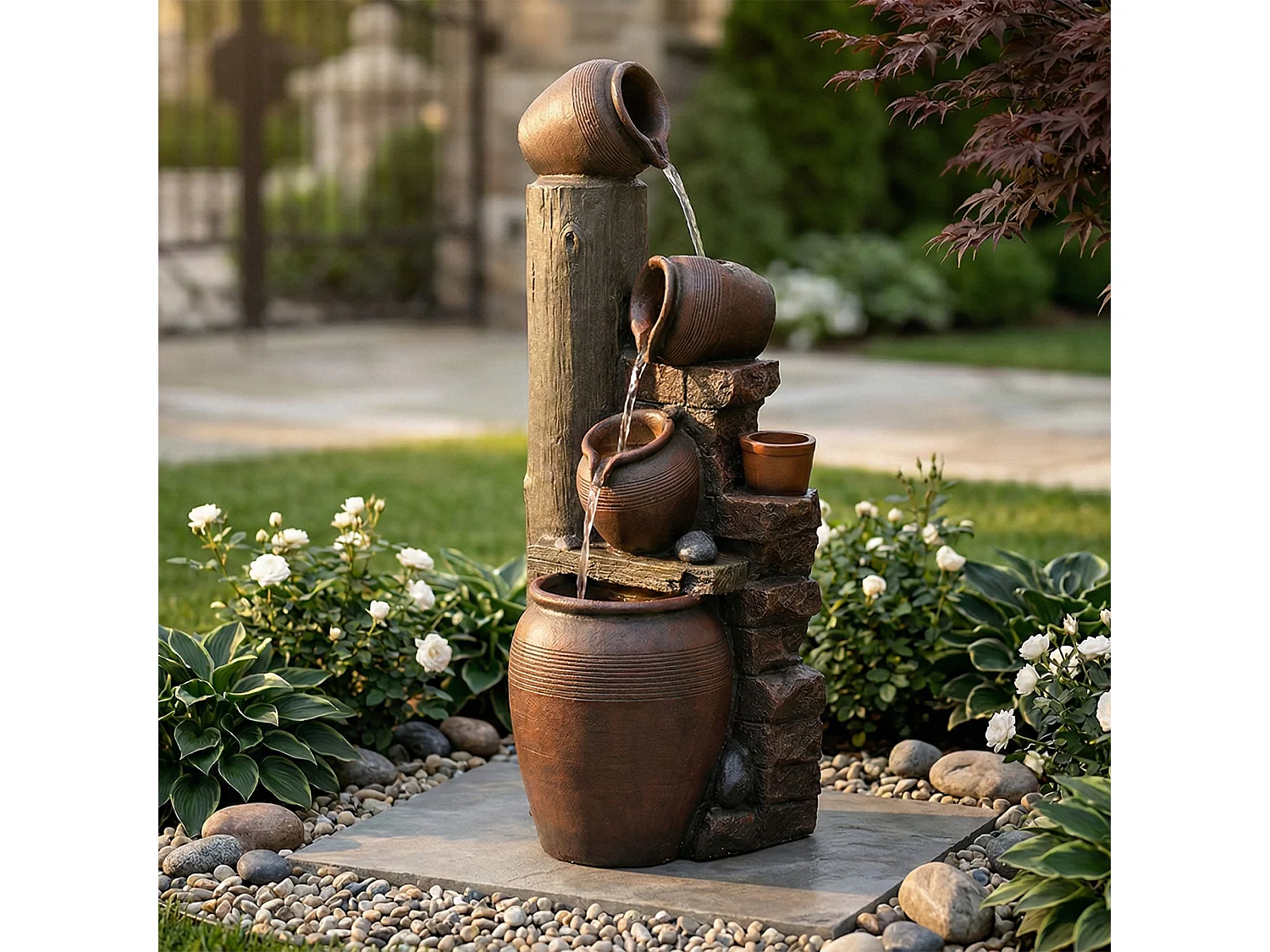 Tuinfontein voor tuin en terras - 42 x 38 x 99 cm - met LED's + waterpomp - Kunsthars - bruin