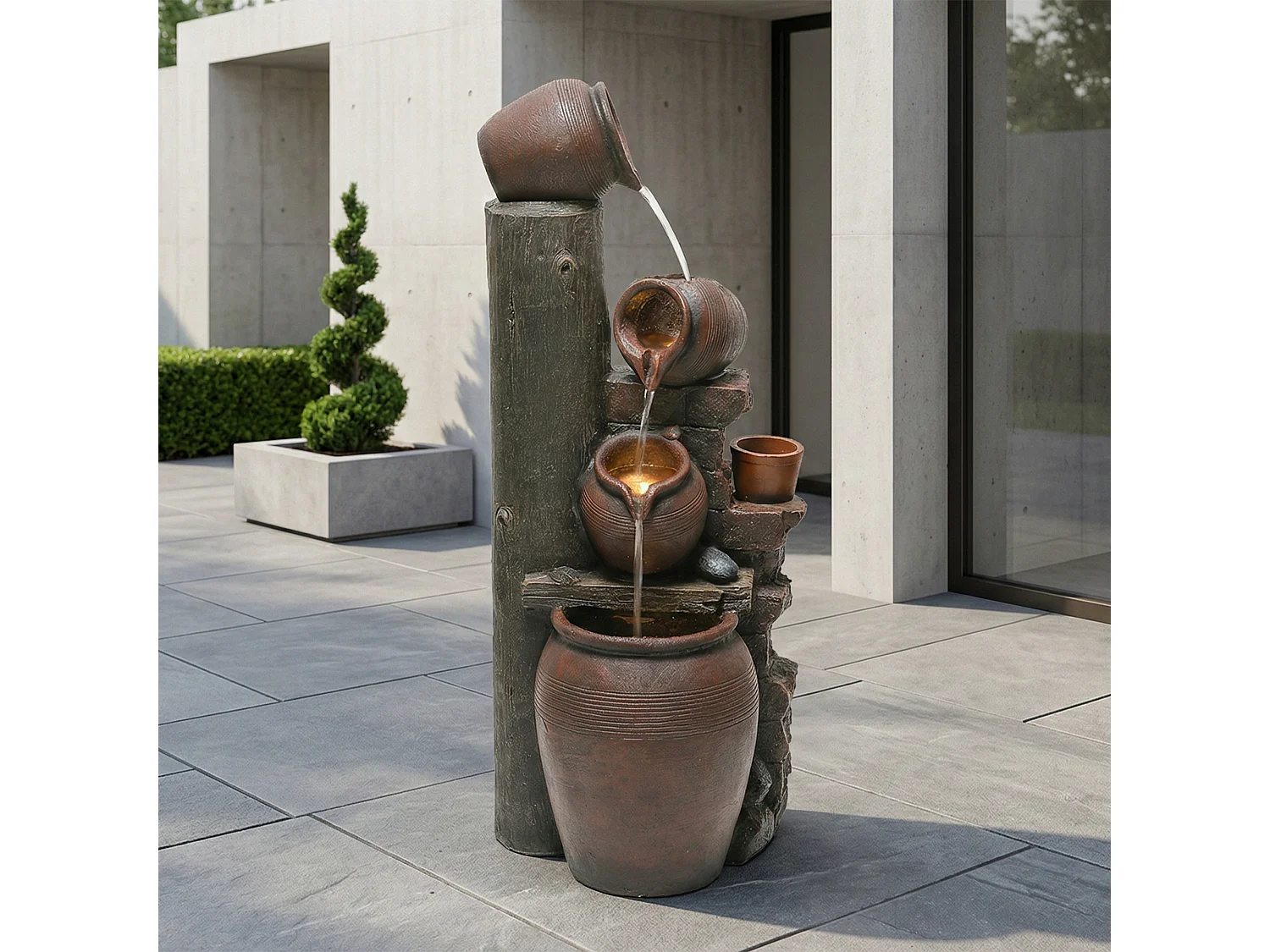 Tuinfontein voor tuin en terras - 42 x 38 x 99 cm - met LED's + waterpomp - Kunsthars - bruin