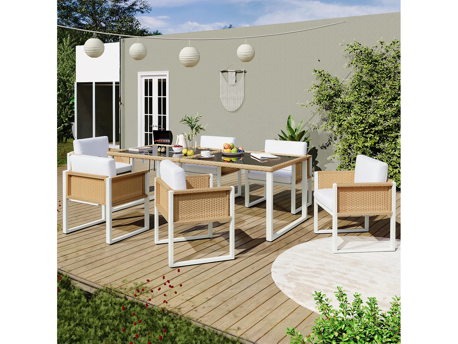 7-delige tuinset van polyrattan met tafel en stoelen - 6 fauteuils + tafel - Rattan + stof - naturel + wit
