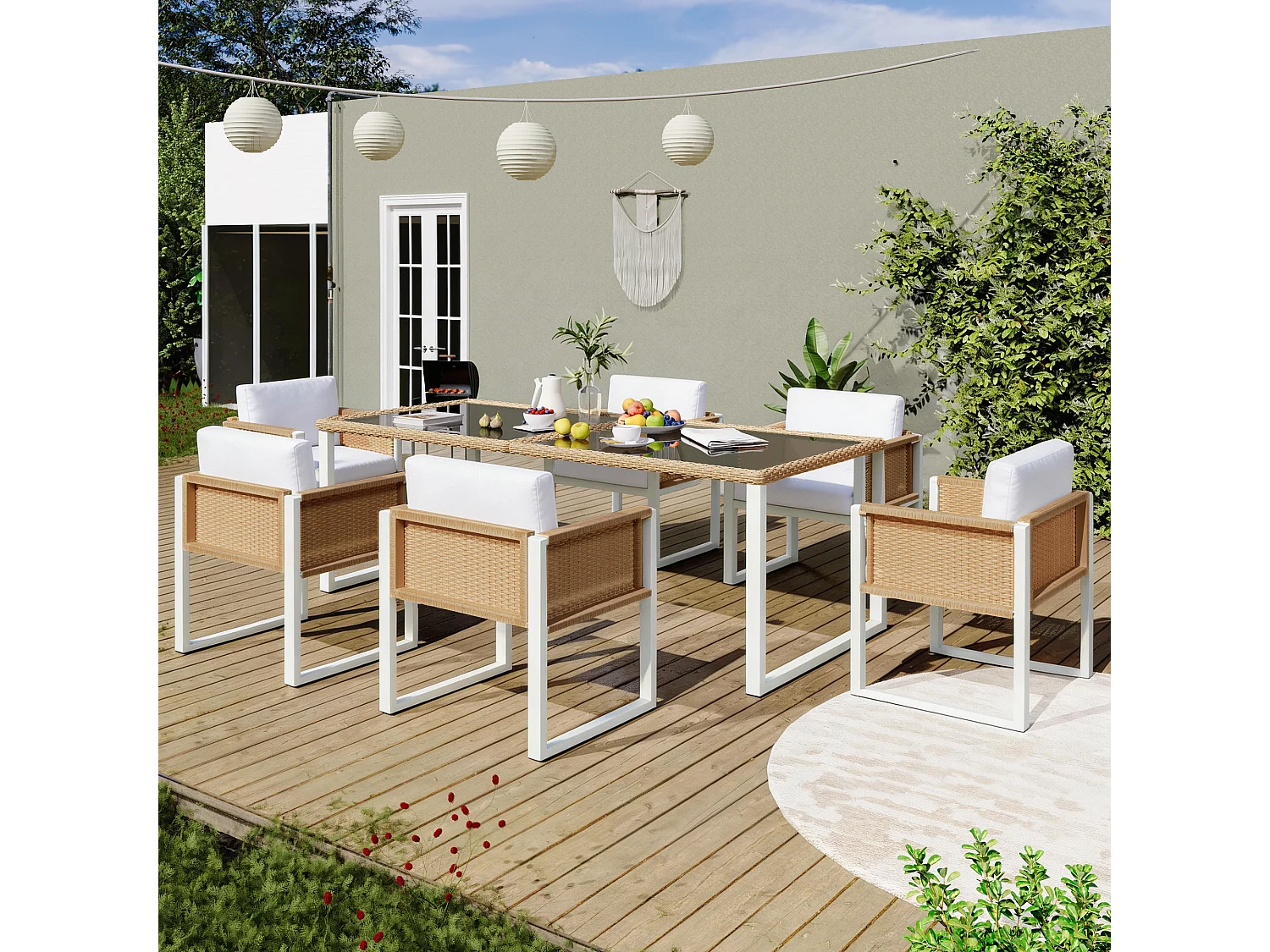 7-delige tuinset van polyrattan met tafel en stoelen - 6 fauteuils + tafel - Rattan + stof - naturel + wit