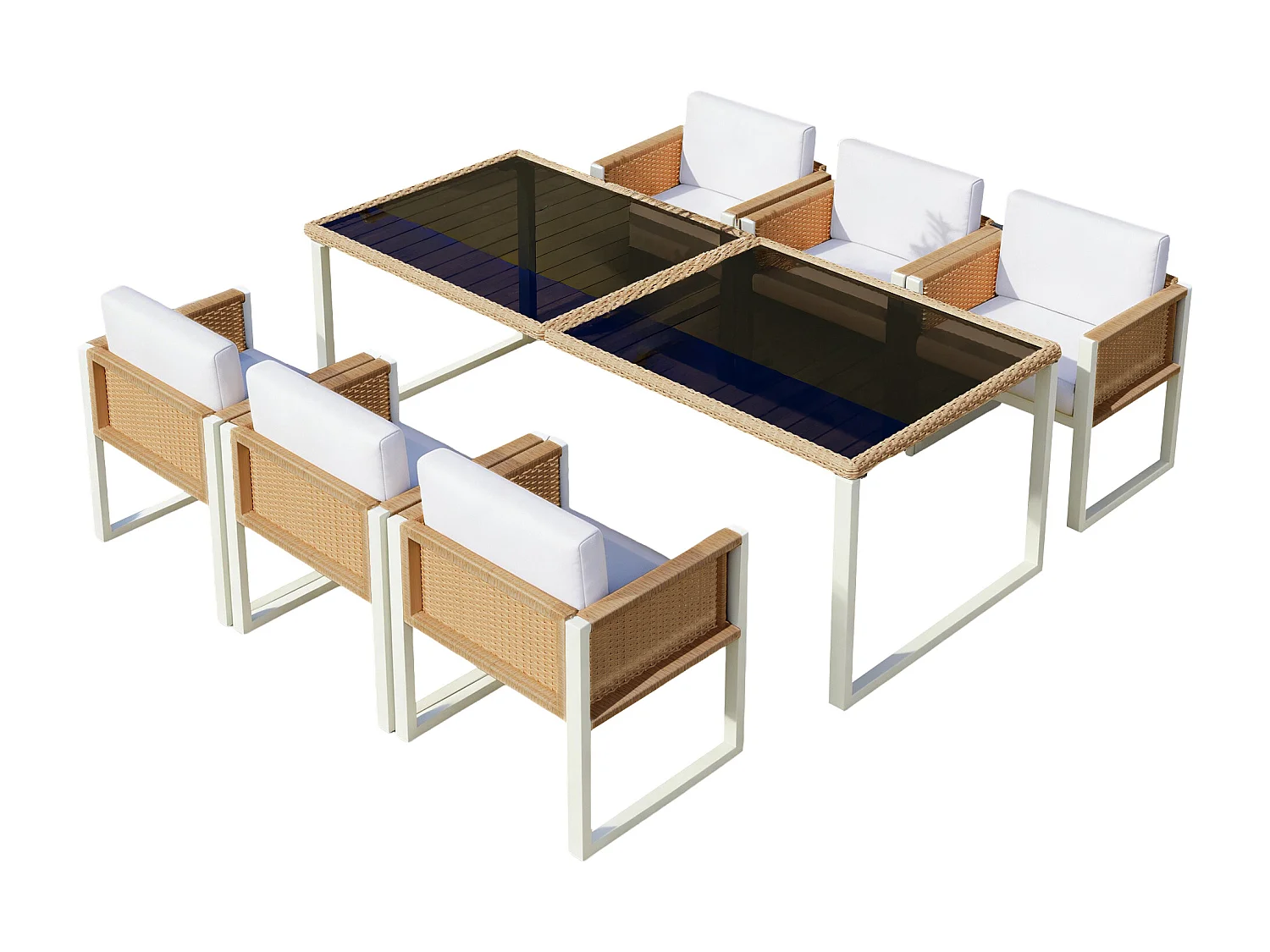 7-delige tuinset van polyrattan met tafel en stoelen - 6 fauteuils + tafel - Rattan + stof - naturel + wit