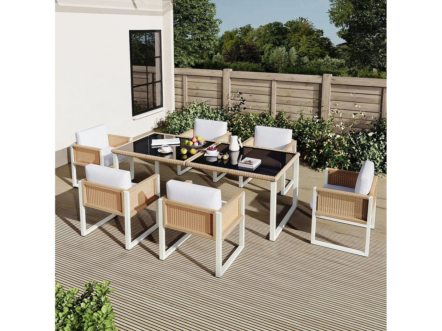 7-delige tuinset van polyrattan met tafel en stoelen - 6 fauteuils + tafel - Rattan + stof - naturel + wit