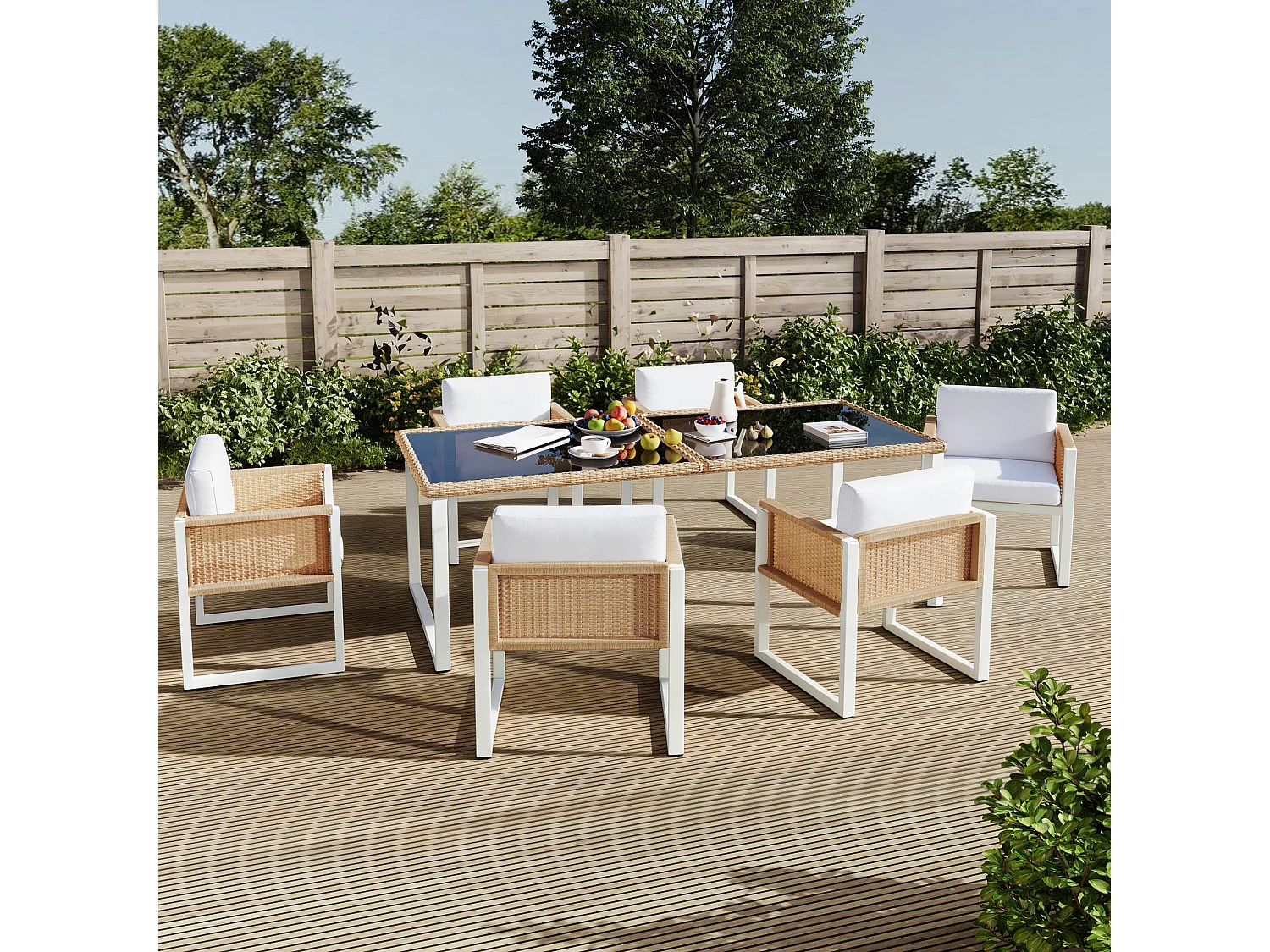 7-delige tuinset van polyrattan met tafel en stoelen - 6 fauteuils + tafel - Rattan + stof - naturel + wit