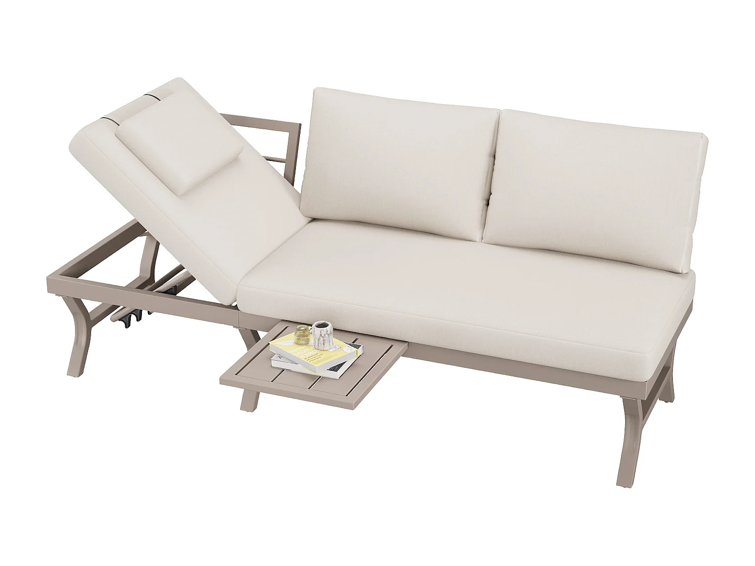 Sofa ogrodowa 3-osobowa rozkładana (5 pozycji) - 168 x 66 x 66 cm - z poduszkami + stolik - metalowa - beżowa