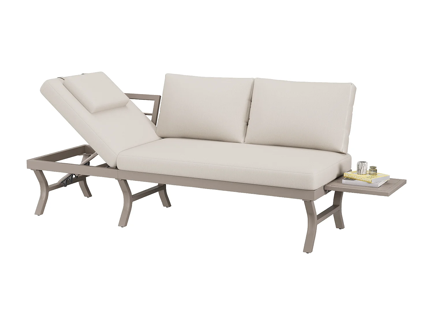 Sofa ogrodowa 3-osobowa rozkładana (5 pozycji) - 168 x 66 x 66 cm - z poduszkami + stolik - metalowa - beżowa