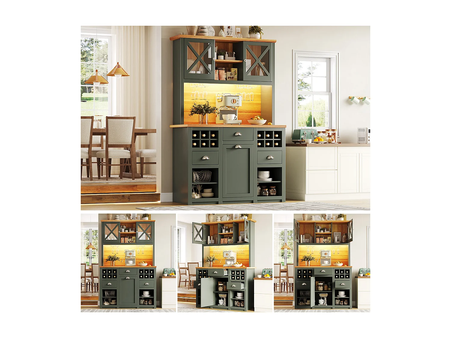 Aparador alto de cozinha - 120 x 45 x 188 cm - com portas de vidro + LEDs + adega + gavetas - MDF + vidro - verde