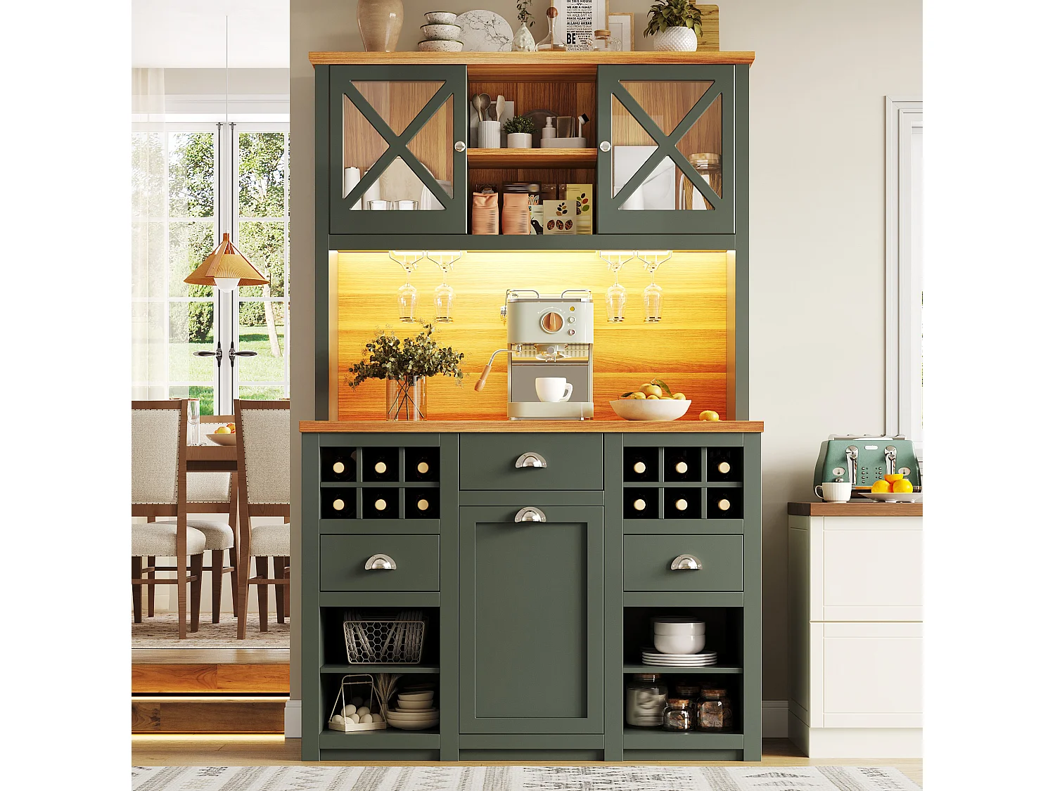 Aparador alto de cozinha - 120 x 45 x 188 cm - com portas de vidro + LEDs + adega + gavetas - MDF + vidro - verde