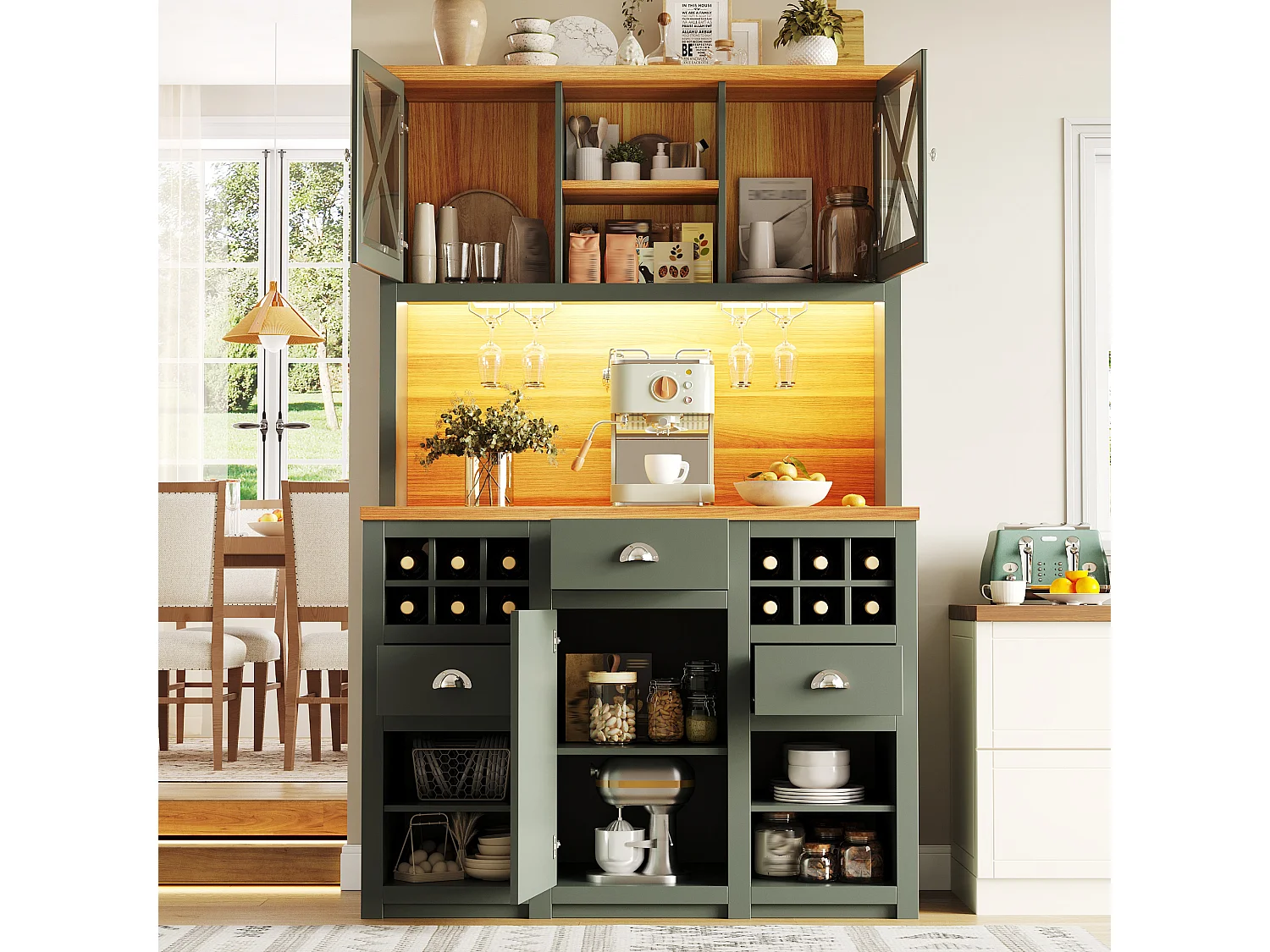 Aparador alto de cozinha - 120 x 45 x 188 cm - com portas de vidro + LEDs + adega + gavetas - MDF + vidro - verde