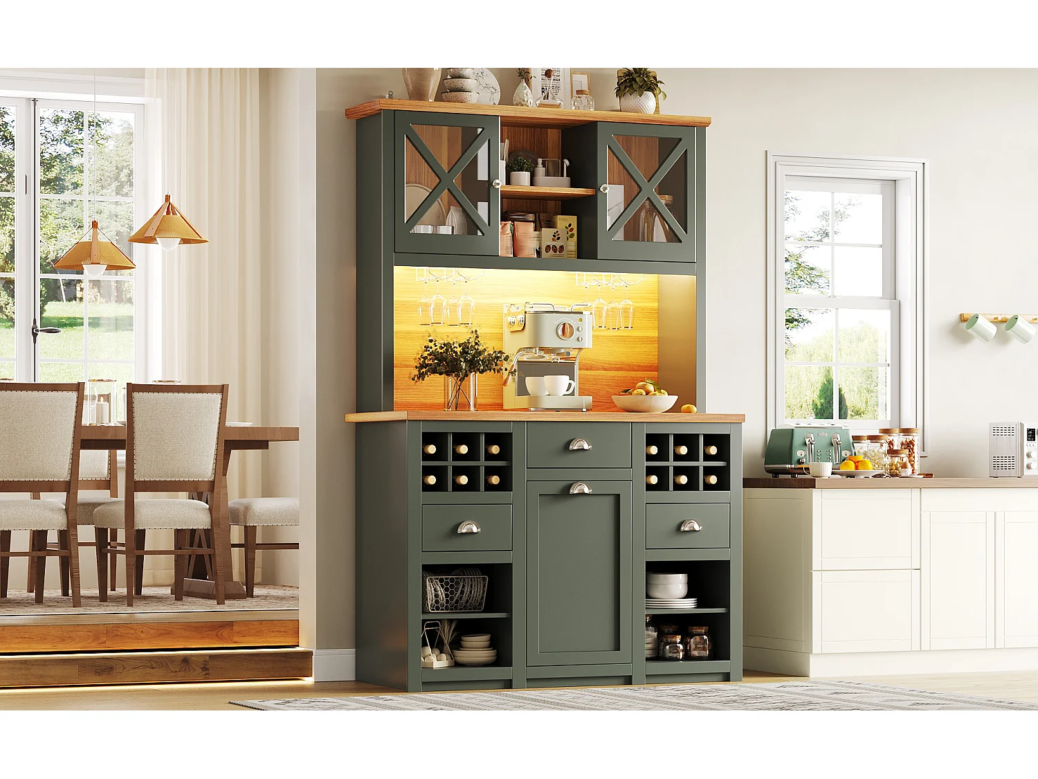 Aparador alto de cozinha - 120 x 45 x 188 cm - com portas de vidro + LEDs + adega + gavetas - MDF + vidro - verde