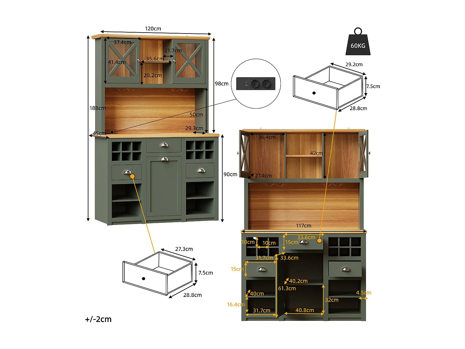 Aparador alto de cozinha - 120 x 45 x 188 cm - com portas de vidro + LEDs + adega + gavetas - MDF + vidro - verde