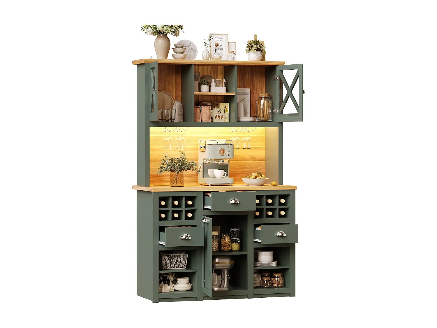 Aparador alto de cozinha - 120 x 45 x 188 cm - com portas de vidro + LEDs + adega + gavetas - MDF + vidro - verde