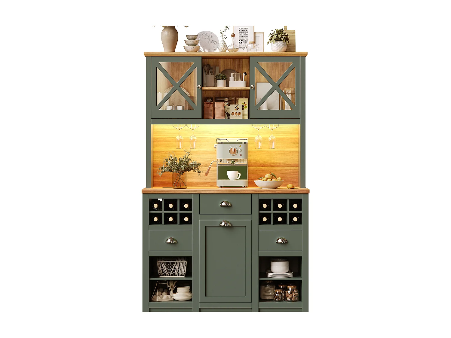 Aparador alto de cozinha - 120 x 45 x 188 cm - com portas de vidro + LEDs + adega + gavetas - MDF + vidro - verde