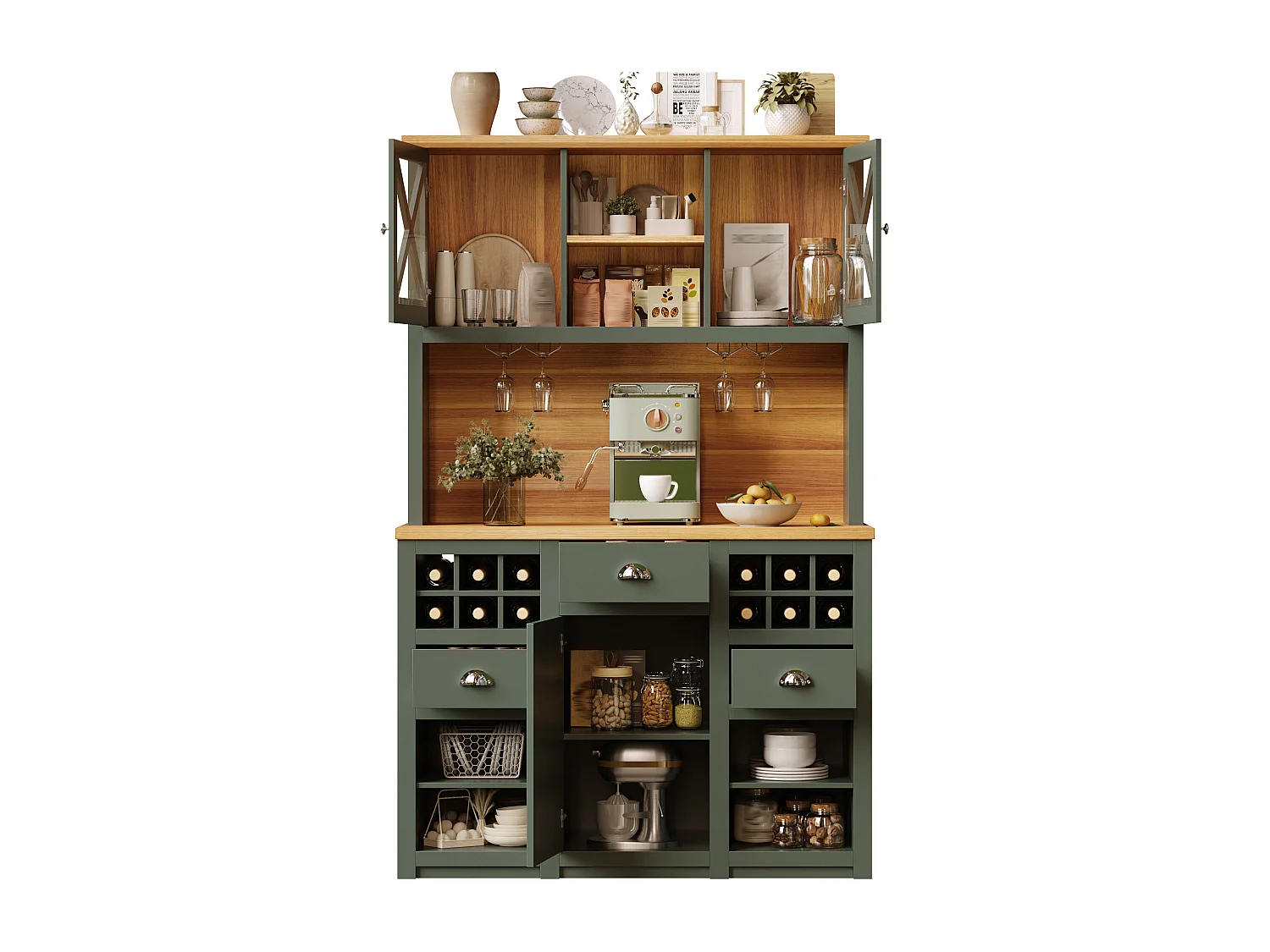Aparador alto de cozinha - 120 x 45 x 188 cm - com portas de vidro + LEDs + adega + gavetas - MDF + vidro - verde