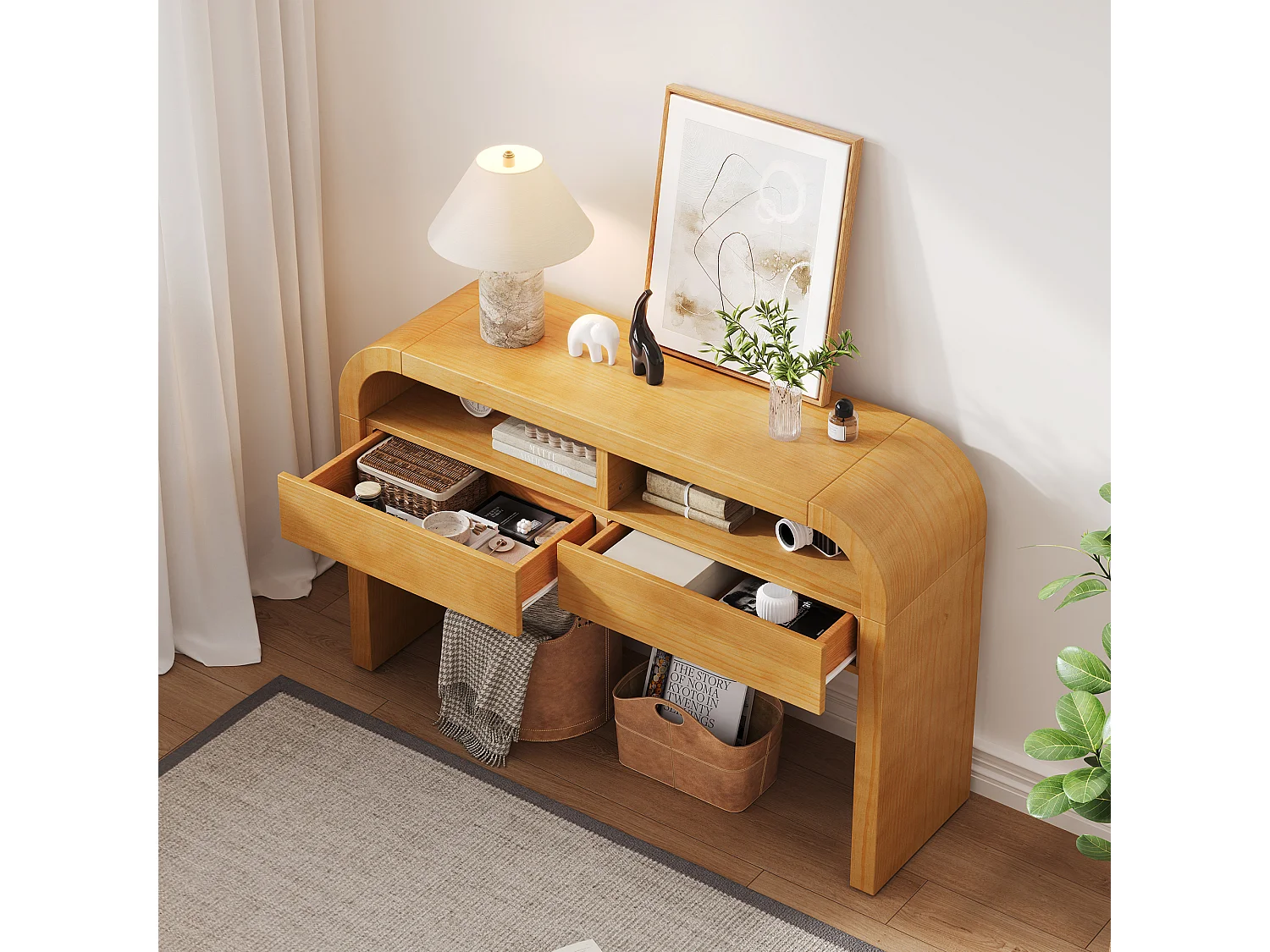 Moderner Konsolentisch für den Eingangsbereich – 120 x 35,5 x 76,5 cm – mit 2 Schubladen + Ablage – MDF – natur