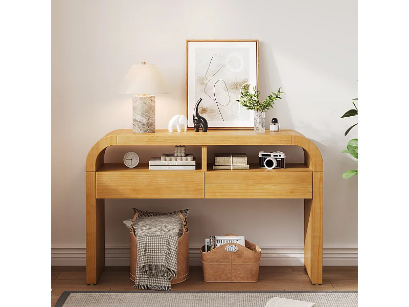 Moderner Konsolentisch für den Eingangsbereich – 120 x 35,5 x 76,5 cm – mit 2 Schubladen + Ablage – MDF – natur