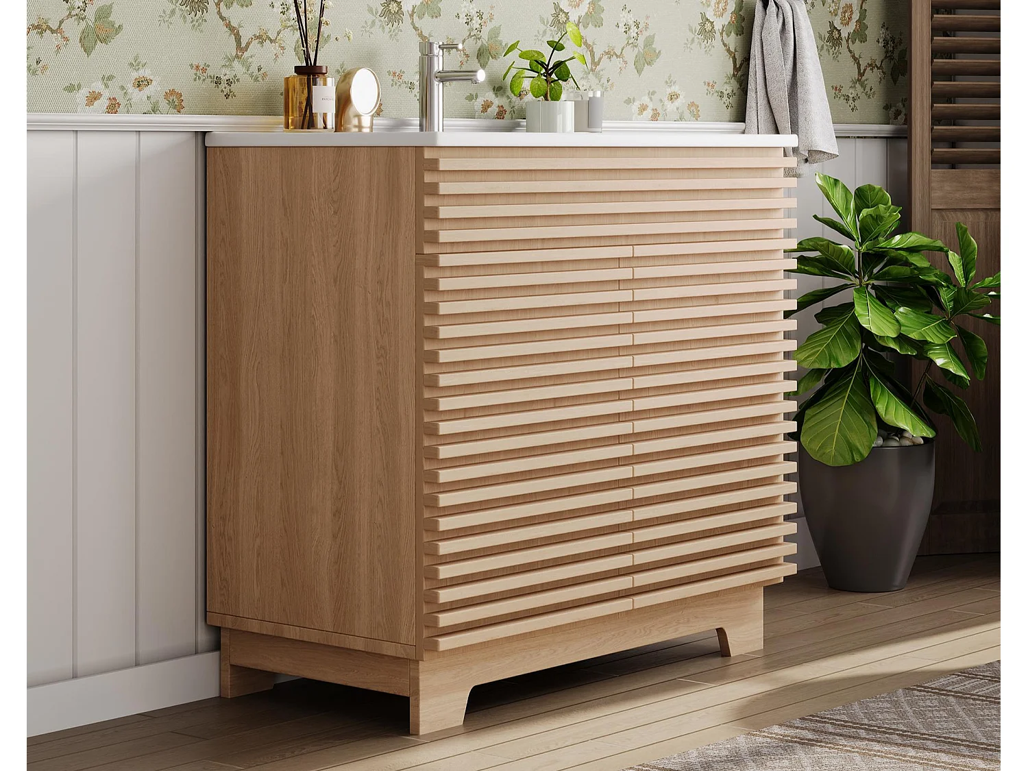 Meuble de salle de bain sur pied - Lavabo intégré - 2 portes et étagères intégrées - MDF - Naturel