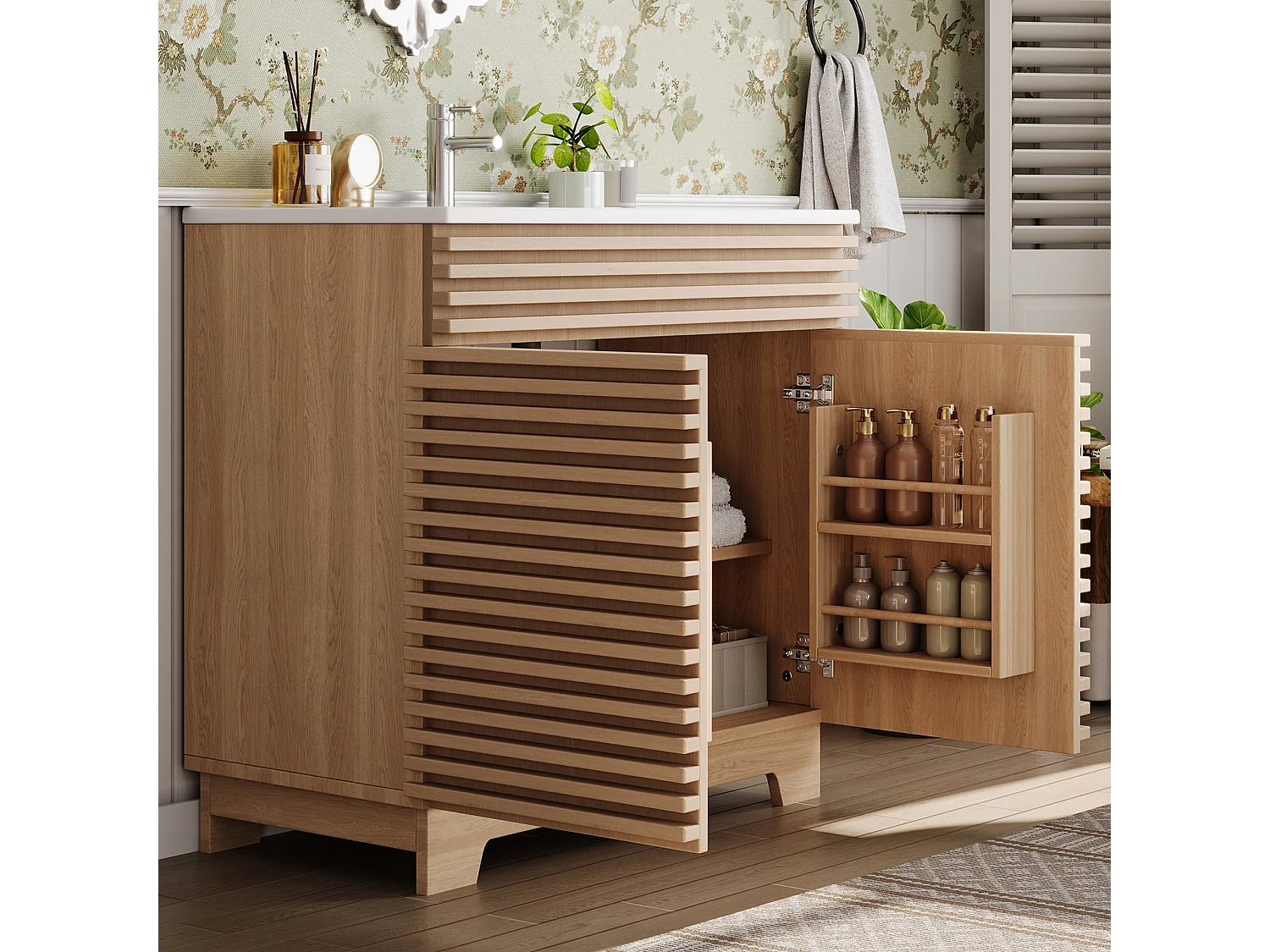 Meuble de salle de bain sur pied - Lavabo intégré - 2 portes et étagères intégrées - MDF - Naturel