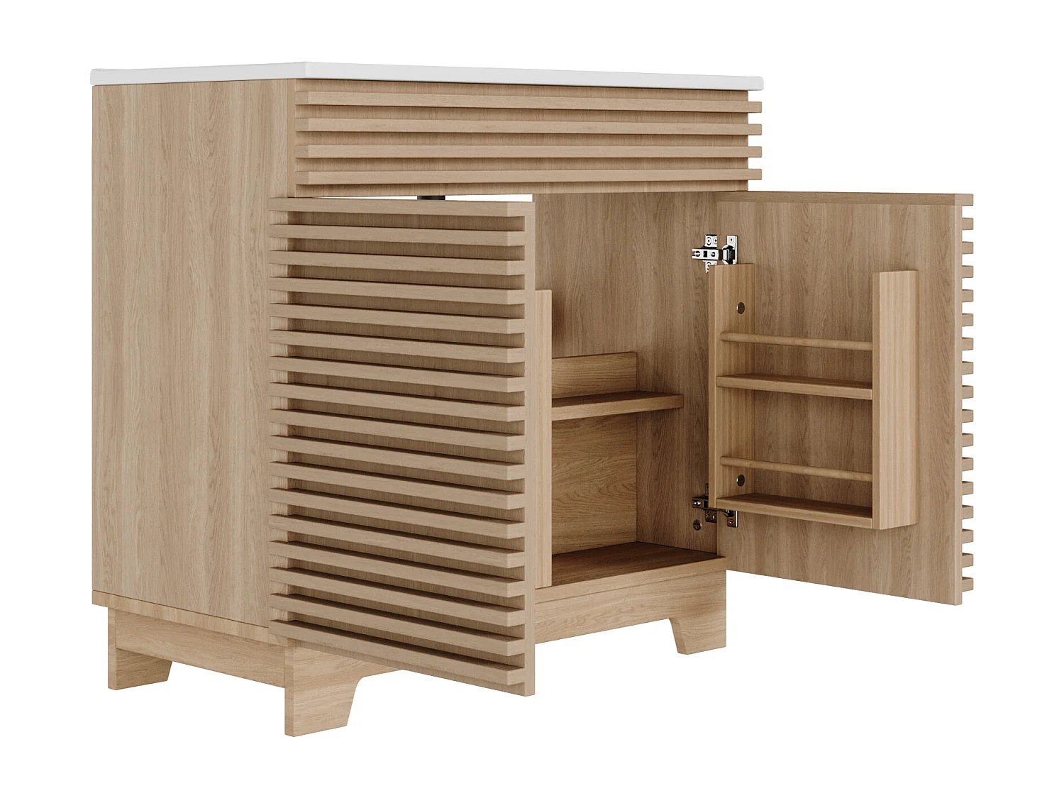 Meuble de salle de bain sur pied - Lavabo intégré - 2 portes et étagères intégrées - MDF - Naturel