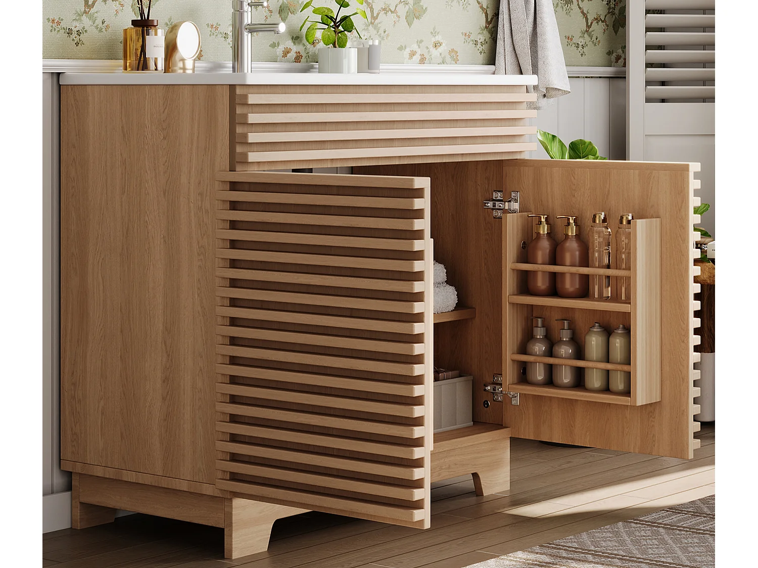 Badkamermeubel op poten - Ingebouwd wastafel - 2 deuren en geïntegreerde planken - MDF - Natuur
